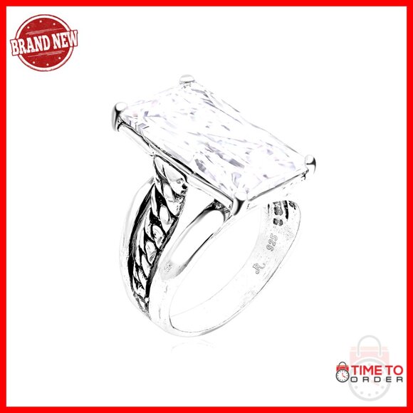 Sterling Silver Curb Chain Ring Baguette Cubic Zirconia Vintage Statement